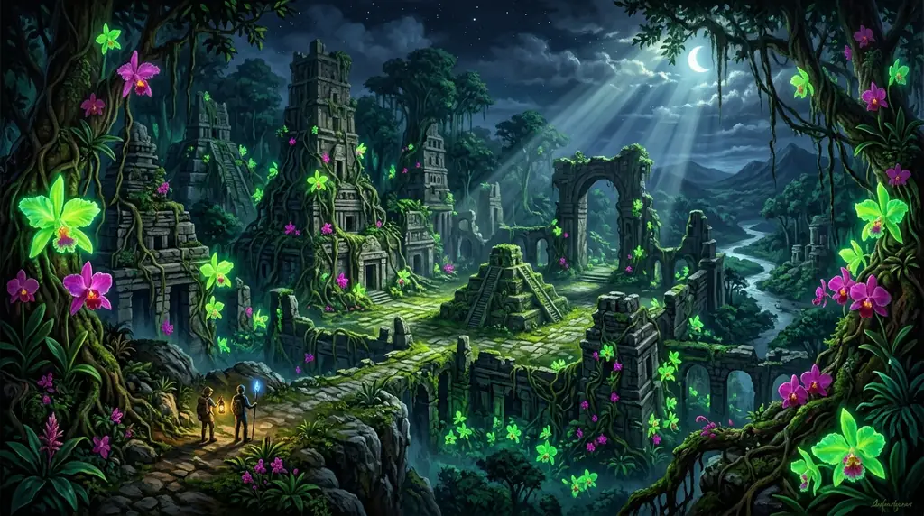 Bioluminescent jungle ruins
